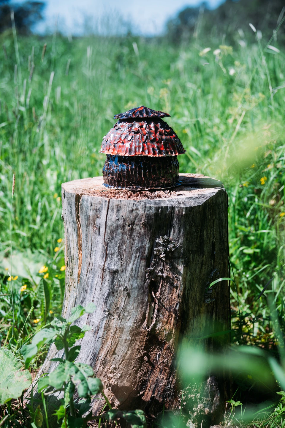 A ceramic sculpture on a treetrunk in a rural landscape
